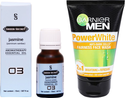 

SHEER SECRET JASMINE ESSENTIAL OIL 15 ML and GARNIER MEN'S POWER WHITE FACE WASH 100 ML(Set of 2)