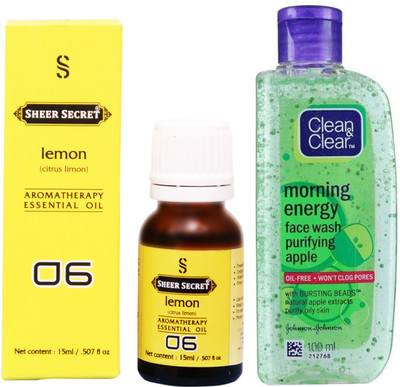 

SHEER SECRET LEMON ESSENTIAL OIL 15 ML and CLEAN & CLEAR MORNING ENERGY APPLE FACE WASH 100 ML(Set of 2)