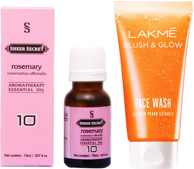 

SHEER SECRET ROSEMARY ESSENTIAL OIL 15 ML and LAKME BLUSH & GLOW PEACH GEL FACE WASH 100 ML(Set of 2)