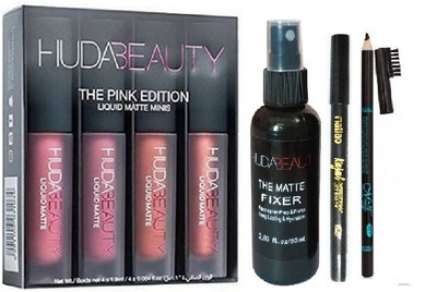 

Huda Beauty Liquid Mattee Pink edition with kajal , eyebrow pencil and makeup fixer(Set of 4)
