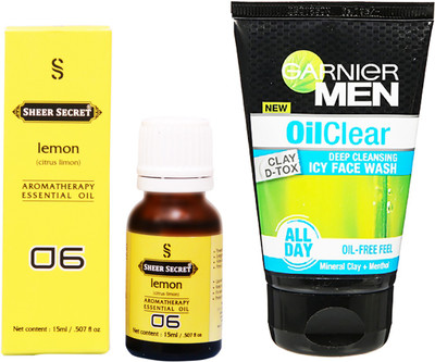 

SHEER SECRET LEMON ESSENTIAL OIL 15 ML and GARNIER MEN'S OIL CLEAR FACE WASH 100 ML(Set of 2)