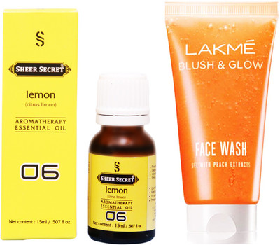 

SHEER SECRET LEMON ESSENTIAL OIL 15 ML and LAKME BLUSH & GLOW PEACH GEL FACE WASH 100 ML(Set of 2)