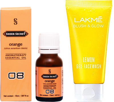 

SHEER SECRET ORANGE ESSENTIAL OIL 15 ML and LAKME BLUSH & GLOW LEMON GEL FACE WASH 100 ML(Set of 2)