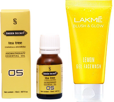 

SHEER SECRET TEA TREE ESSENTIAL OIL 15 ML and LAKME BLUSH & GLOW LEMON GEL FACE WASH 100 ML(Set of 2)