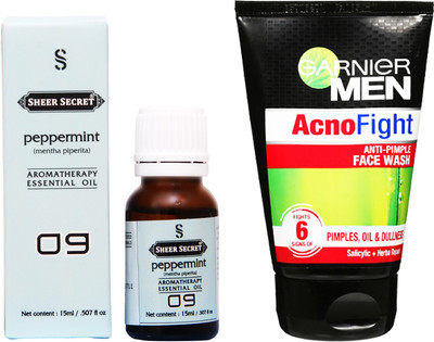 SHEER SECRET PEPPERMINT ESSENTIAL OIL 15 ML and GARNIER MEN'S ACNO FIGHT FACE WASH 100 ML(Set of 2)