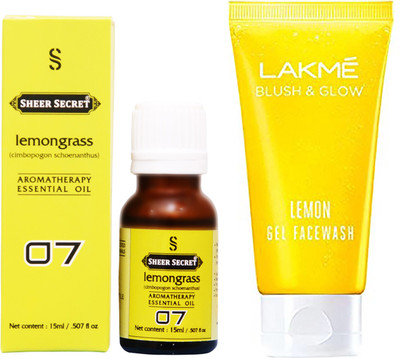 

SHEER SECRET LEMONGRASS ESSENTIAL OIL 15 ML and LAKME BLUSH & GLOW LEMON GEL FACE WASH 100 ML(Set of 2)
