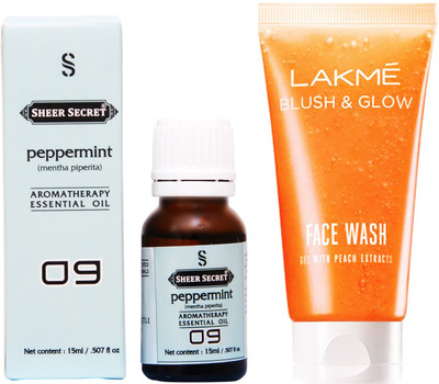

SHEER SECRET PEPPERMINT ESSENTIAL OIL 15 ML and LAKME BLUSH & GLOW PEACH GEL FACE WASH 100 ML(Set of 2)