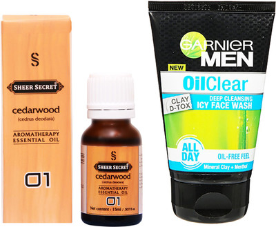 

SHEER SECRET CEDARWOOD ESSENTIAL OIL 15 ML and GARNIER MEN'S OIL CLEAR FACE WASH 100 ML(Set of 2)