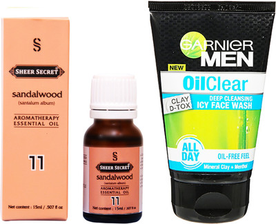 

SHEER SECRET SANDALWOOD ESSENTIAL OIL 15 ML and GARNIER MEN'S OIL CLEAR FACE WASH 100 ML(Set of 2)