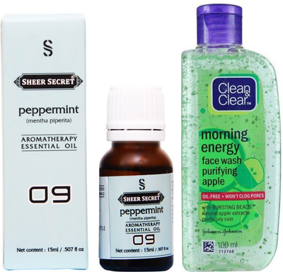 

SHEER SECRET PEPPERMINT ESSENTIAL OIL 15 ML and CLEAN & CLEAR MORNING ENERGY APPLE FACE WASH 100 ML(Set of 2)