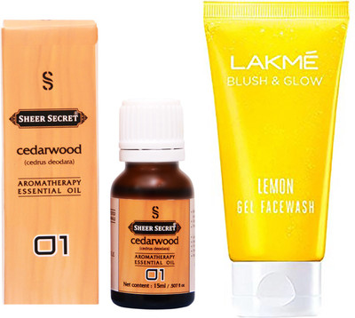 

SHEER SECRET CEDARWOOD ESSENTIAL OIL 15 ML and LAKME BLUSH & GLOW LEMON GEL FACE WASH 100 ML(Set of 2)