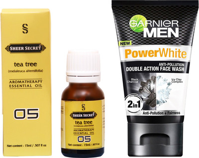 

SHEER SECRET TEA TREE ESSENTIAL OIL 15 ML and GARNIER MEN'S DOUBLE ACTION FACE WASH 100 ML(Set of 2)
