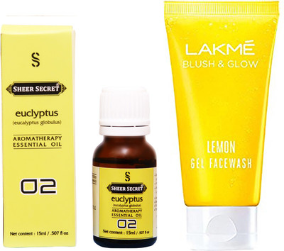 

SHEER SECRET EUCLYPTUS ESSENTIAL OIL 15 ML and LAKME BLUSH & GLOW LEMON GEL FACE WASH 100 ML(Set of 2)