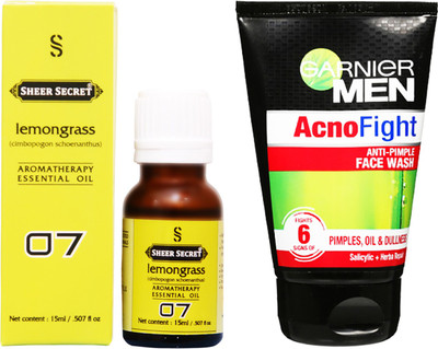 

SHEER SECRET LEMONGRASS ESSENTIAL OIL 15 ML and GARNIER MEN'S ACNO FIGHT FACE WASH 100 ML(Set of 2)