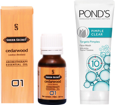 SHEER SECRET CEDARWOOD ESSENTIAL OIL 15 ML and POND'S PIMPLE CLEAR FACE WASH 100 ML(Set of 2)