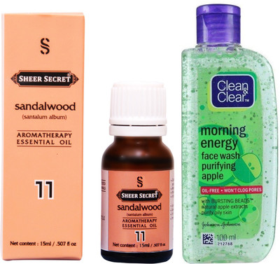 

SHEER SECRET SANDALWOOD ESSENTIAL OIL 15 ML and CLEAN & CLEAR MORNING ENERGY APPLE FACE WASH 100 ML(Set of 2)