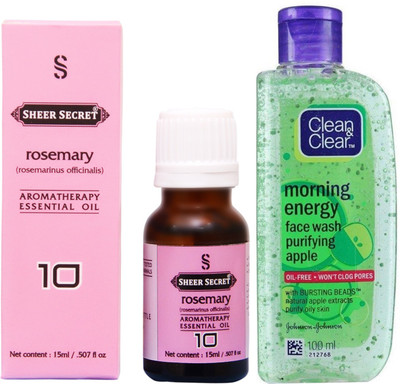 

SHEER SECRET ROSEMARY ESSENTIAL OIL 15 ML and CLEAN & CLEAR MORNING ENERGY APPLE FACE WASH 100 ML(Set of 2)