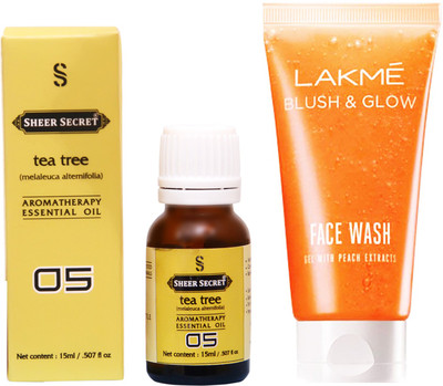 

SHEER SECRET TEA TREE ESSENTIAL OIL 15 ML and LAKME BLUSH & GLOW PEACH GEL FACE WASH 100 ML(Set of 2)