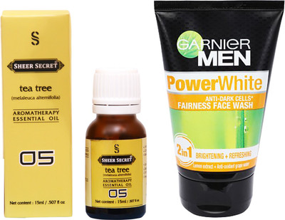 

SHEER SECRET TEA TREE ESSENTIAL OIL 15 ML and GARNIER MEN'S POWER WHITE FACE WASH 100 ML(Set of 2)