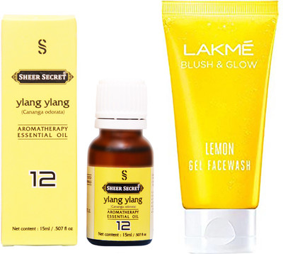 

SHEER SECRET YLANG YLANG ESSENTIAL OIL 15 ML and LAKME BLUSH & GLOW LEMON GEL FACE WASH 100 ML(Set of 2)