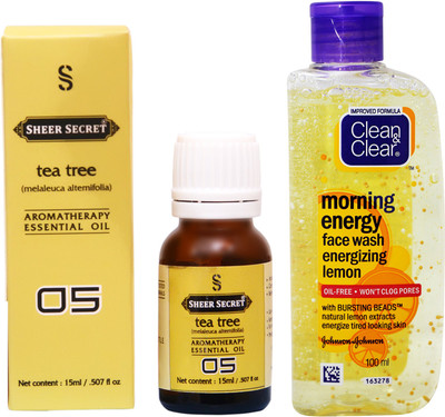 

SHEER SECRET TEA TREE ESSENTIAL OIL 15 ML and CLEAN & CLEAR MORNING ENERGY LEMON FACE WASH 100 ML(Set of 2)