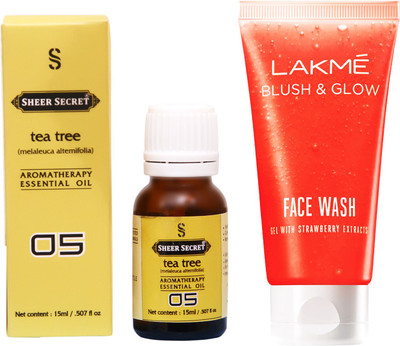 

SHEER SECRET TEA TREE ESSENTIAL OIL 15 ML and LAKME BLUSH & GLOW STRAWBERRY GEL FACE WASH 100 ML(Set of 2)