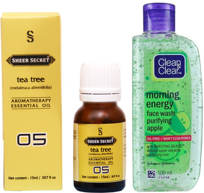 

SHEER SECRET TEA TREE ESSENTIAL OIL 15 ML and CLEAN & CLEAR MORNING ENERGY APPLE FACE WASH 100 ML(Set of 2)