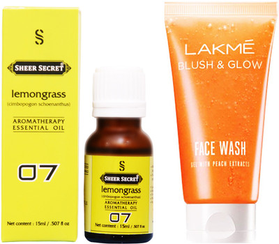 

SHEER SECRET LEMONGRASS ESSENTIAL OIL 15 ML and LAKME BLUSH & GLOW PEACH GEL FACE WASH 100 ML(Set of 2)