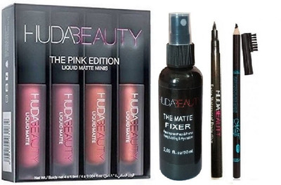 

Huda Beauty Liquid Mattee Pink edition with Makeup fixer, eyeliner and eyebrow pencil(Set of 4)