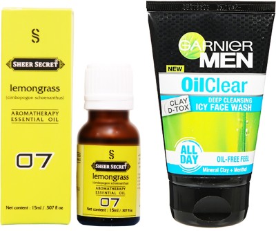 

SHEER SECRET LEMONGRASS ESSENTIAL OIL 15 ML and GARNIER MEN'S OIL CLEAR FACE WASH 100 ML(Set of 2)