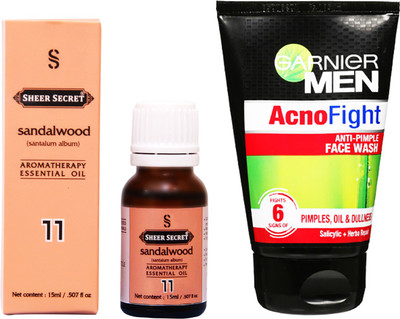 

SHEER SECRET SANDALWOOD ESSENTIAL OIL 15 ML and GARNIER MEN'S ACNO FIGHT FACE WASH 100 ML(Set of 2)