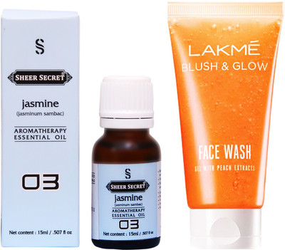 

SHEER SECRET JASMINE ESSENTIAL OIL 15 ML and LAKME BLUSH & GLOW PEACH GEL FACE WASH 100 ML(Set of 2)