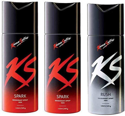 

KamaSutra Combo Packets of SPARK Deo 150ml + SPARK Deo 150ml + RUSH Deo 150ml Deodorant Spray - For Men & Women(450 ml, Pack of 3)