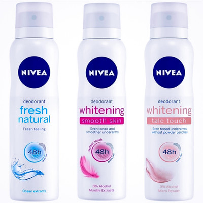 

Nivea FRESH NATURAL DEO 150ML + WHITENING SMOOTH SKIN DEO 150ML + WHITENING TALC TOUCH DEO 150ML Deodorant Spray - For Women(450 ml, Pack of 3)