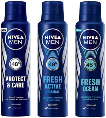 

Nivea MEN PROTECT & CARE DEO + FRESH ACTIVE DEO + FRESH OCEAN DEO Perfume Body Spray - For Men(450 ml, Pack of 3)
