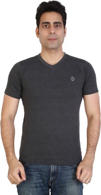 AWACK Self Design Men V Neck Grey T-Shirt