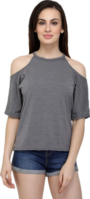 Chimpaaanzee Casual Cold Shoulder Solid Women Grey Top