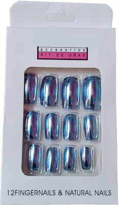 

Beautyhub Artificial metallic mirror look fake nails blue color Blue(Pack of 12)