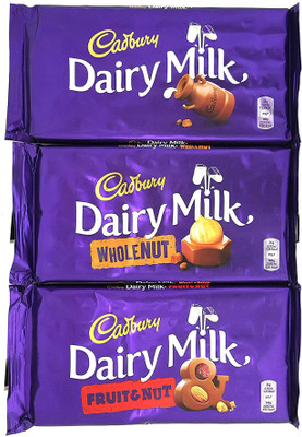 

Emazing Gourmet Combo of Cadbury Dairy Milk - Mega Pack of 3 Exotic Flavors (200 Grams Milk, 200 Grams Fruit & nut, 200 Grams wholenut.) Bars(Pack of 3, 650 g)