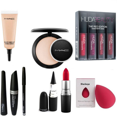 

Blackeye 9 combo of mac compact powder, cover-up concealer, lipistic, blender, red edition, eyeliner, mascara, eybrow pencil, kajal(Set of 9)