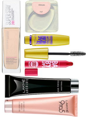

Ultimate Silicon puff, Super stay 24H full coverage, fit me foundation, the mag num mascara, baby lips candy wow lip balm, lakme 9to5 weightless mousse foundation, absolut deep perfect primer(Set of 7)