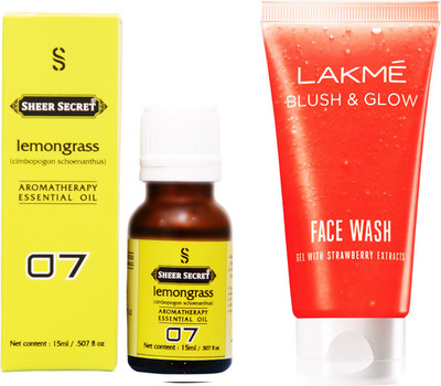 SHEER SECRET LEMONGRASS ESSENTIAL OIL 15 ML and LAKME BLUSH & GLOW STRAWBERRY GEL FACE WASH 100 ML(Set of 2)
