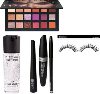 

Blackeye 6 combo of huda beauty pallet 18 shades, prep+prime skin base, eyeliner, mascara, eybrow pencil, eyelashes(Set of 6)