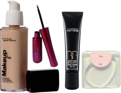 

ellie silicon Puff With Mac makeup 24H Foundation, prep+prime bb beauty cream & eyeliner (Set of 4)(Set of 4)