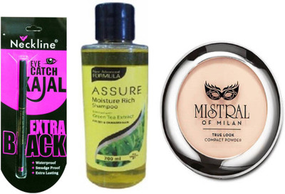 

Assure MISTRAL OF MILAN COMPACT POWDER (PINK) with shampoo & neckline kajal water prof(Set of 3)