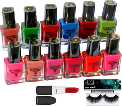 

Importedd Eyelashes, Mac professional Nail Polish Pack of 12,Matte finish lipstick(Set of 14)