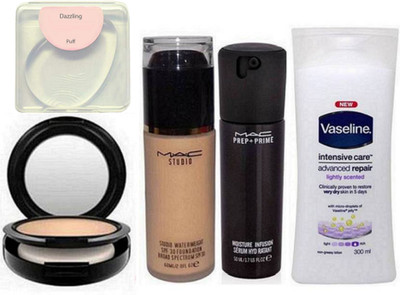 

Dazzling Silicon puff withMac Studio Water Weight Foundation,Prep + Prime Moisture Infusion Serum Hydratant Face Serum,Studio Fix Compact,Vaseline Intensive Care Advanced Repair Body lotion(set of 5)(Set of 5)