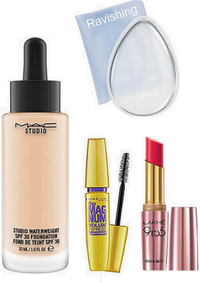

ravishing silicone puff, MAC STUDIO WATERWEIGHT foundation & THE VOLUME EXPRESS MASCARA & lakme 9 to 5 lipstick(Set of 4)