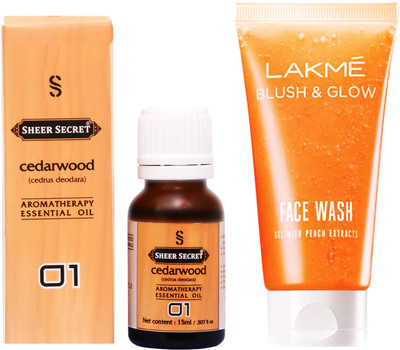 

SHEER SECRET CEDARWOOD ESSENTIAL OIL 15 ML and LAKME BLUSH & GLOW PEACH GEL FACE WASH 100 ML(Set of 2)