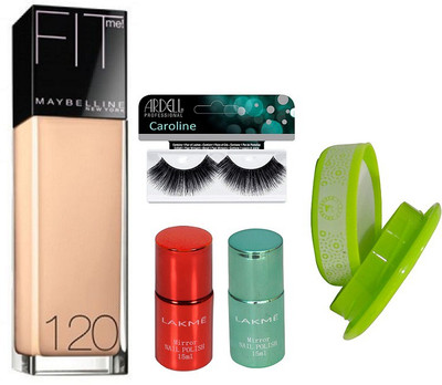 

caroline Eyelashes, Fit Foundation, Lakme Mirror Nail Polish (2 Different Shades) & Nail Remover(Set of 5)